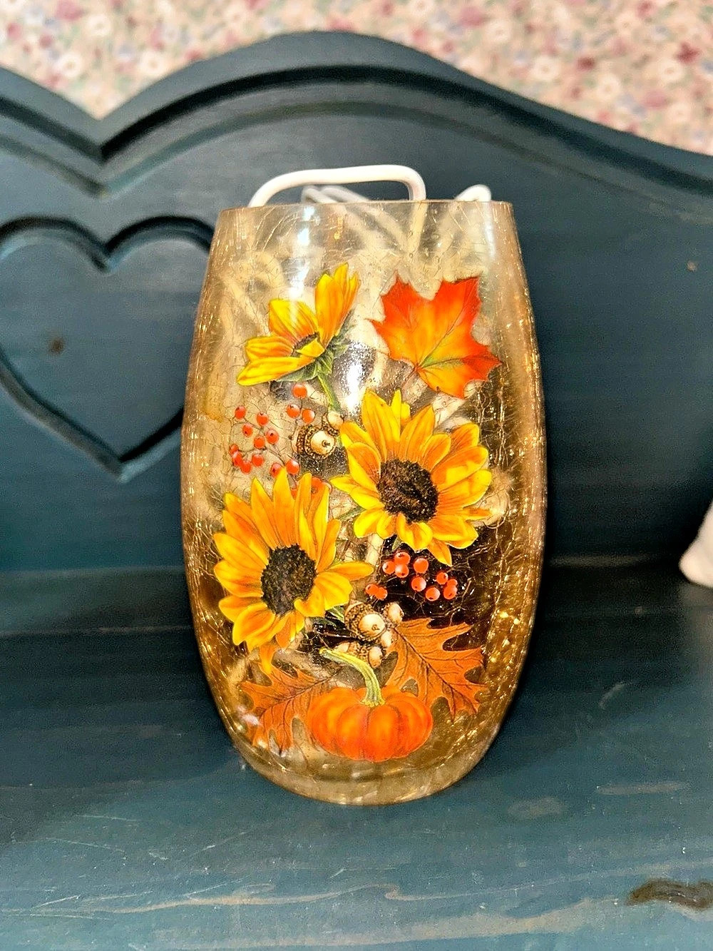 Crackle Glass Fall Sunflower Pumpkin Accent Light